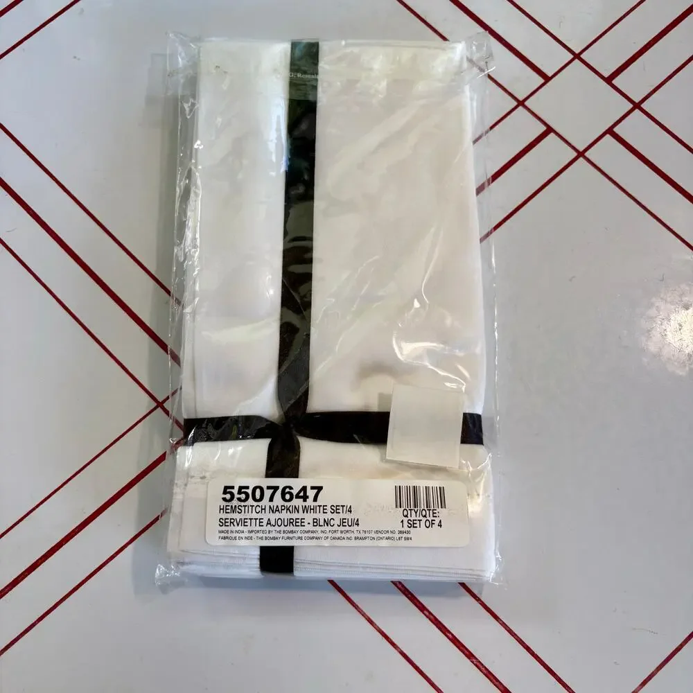 Vintage Bombay Company White Hemstitch Napkins, Set of 4, New Package